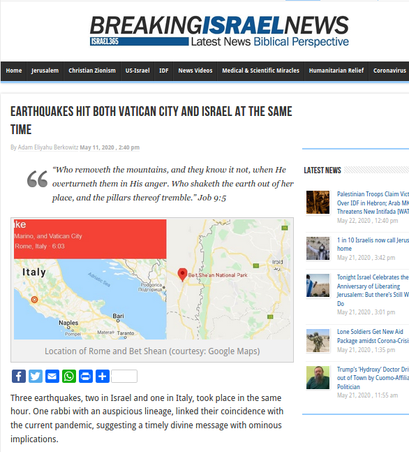 Drie aardbevingen op nagenoeg het zelfde moment. Bron: https://www.breakingisraelnews.com.
